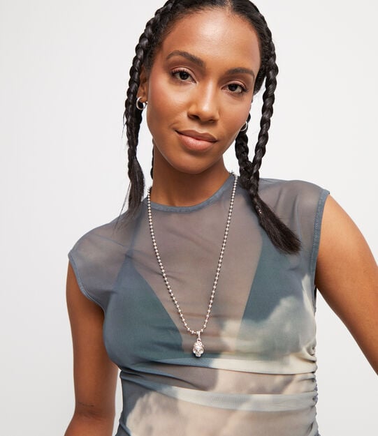 Long beaded chain charm necklace, Silver, large